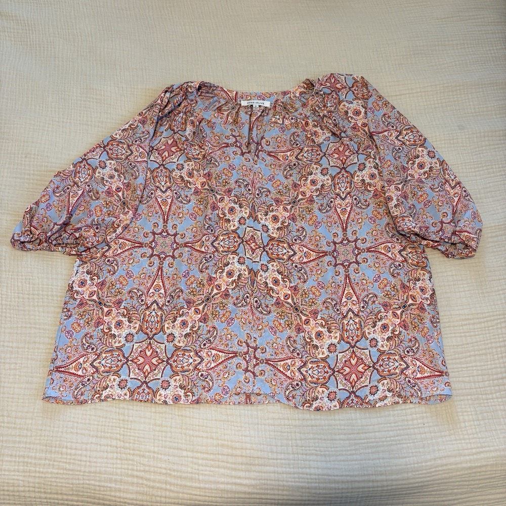 Rose + Olive Blouse Womens 2X Blue Geometric Top Boho Cottagcore Indie Whimsical